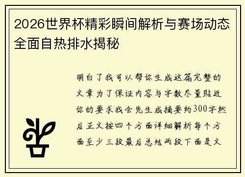 2026世界杯精彩瞬间解析与赛场动态全面自热排水揭秘