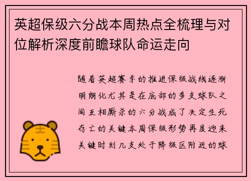 英超保级六分战本周热点全梳理与对位解析深度前瞻球队命运走向